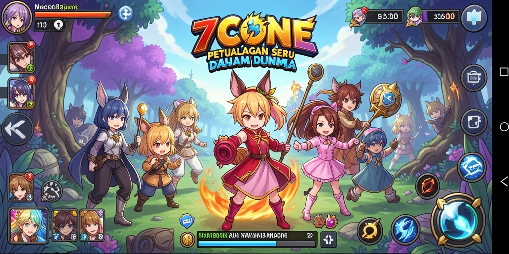 Tampilan gameplay 7CONE yang penuh warna dengan karakter anime.