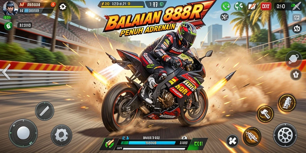 Screenshot gameplay 888R menampilkan aksi balapan motor yang mendebarkan.