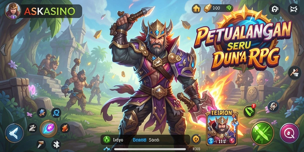 Tangkapan layar utama <strong>ASKASINO</strong> yang menunjukkan aksi pertarungan seru dalam gameplay RPG.