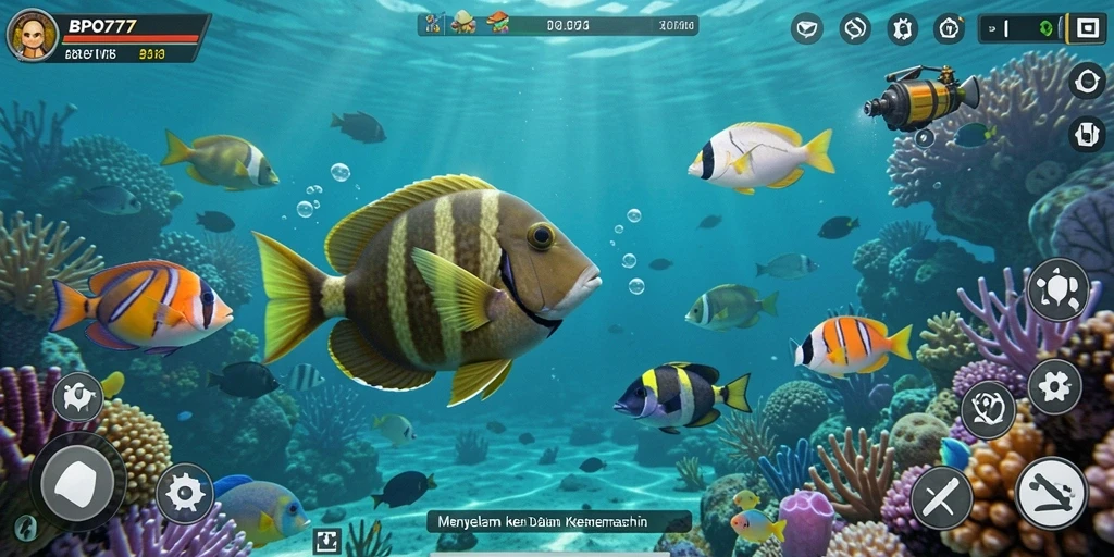 Screenshot menampilkan pemain memancing di lokasi laut yang indah.