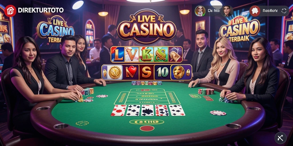 Screenshot gameplay langsung dari DIREKTURTOTO yang menunjukkan dealer dan pemain berinteraksi.