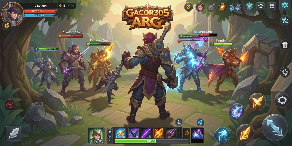 Screenshot menunjukkan pertarungan mendebarkan dalam GACOR305 dengan monster dan lingkungan fantastis.